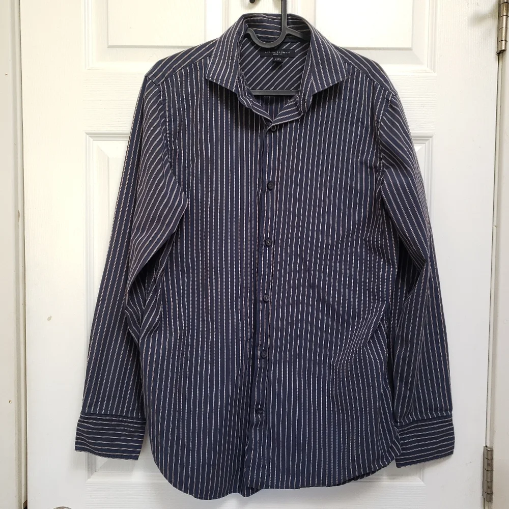 Banana Republic Navy Blue Striped Cotton Long Sleeve Dress Shirt